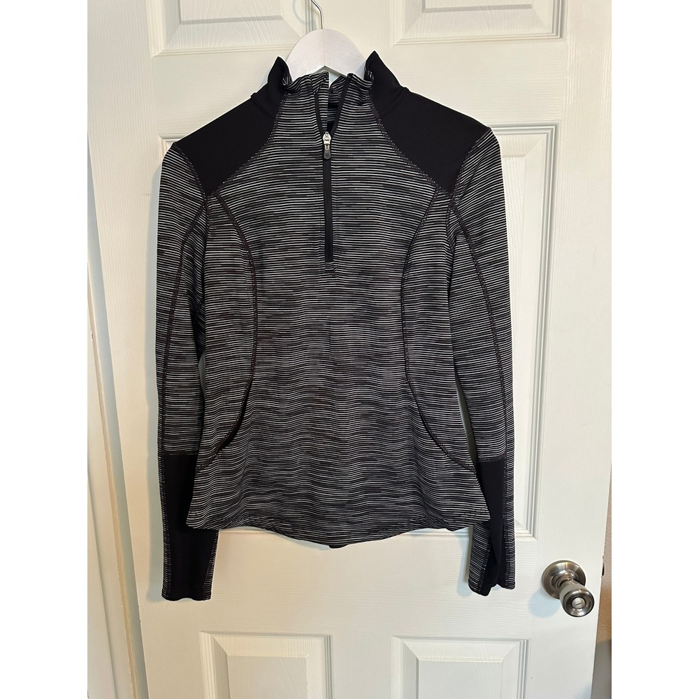 Tek Gear Long Sleeve 1/4 Zip Shirt Black White Stripe Thumbholes Sz M